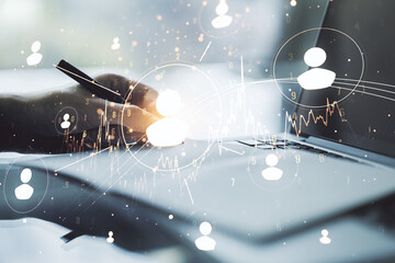 Aufkleber - Double exposure of social network icons concept with hand writing in notebook on background with laptop. Marketing and promotion concept