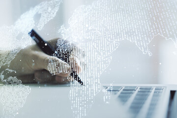 Aufkleber - Multi exposure of abstract creative digital world map and hand writing in notebook on background with laptop, research and analytics concept