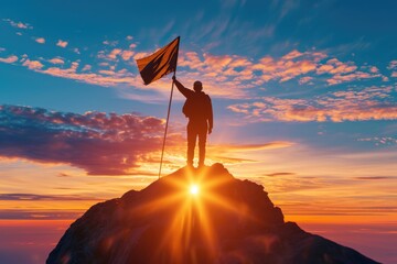 Wall Mural - businessman achieves success on mountain top.
