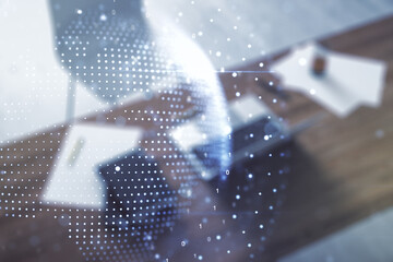 Poster - Multi exposure of abstract graphic world map and modern desktop with pc on background, big data and networking concept