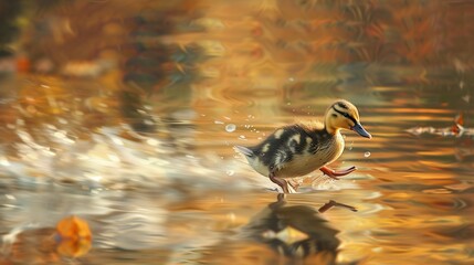 Wall Mural - Duckling in a pond