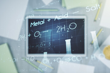Poster - Double exposure of creative chemistry concept and digital tablet on background, top view, research and development concept