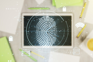 Aufkleber - Multi exposure of abstract fingerprint scan interface and modern digital tablet on background, digital access concept