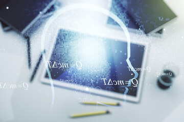 Poster - Creative artificial Intelligence concept with human head hologram and modern digital tablet on background, top view. Multiexposure