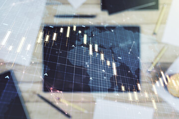 Poster - Multi exposure of abstract creative financial chart with world map and digital tablet on background, top view, research and analytics concept