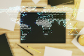 Poster - Multi exposure of abstract creative digital world map and modern digital tablet on background, top view, tourism and traveling concept