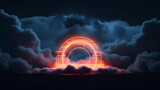 Fototapeta Fototapety przestrzenne i panoramiczne - Sci-fi retro laser neon abstract technology background. A multi-colored cloud rotates around a neon circle. High quality 3d illustration