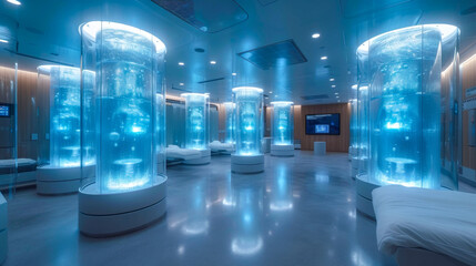 Advanced cryogenic storage system with illuminated chambers in a tech facility. Cryogenic Chambers for freezing bodies