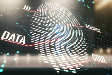 Poster - Double exposure of virtual creative fingerprint hologram on modern business center exterior background, research and development concept