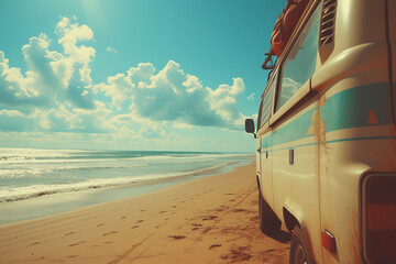 Sticker - vintage van on the beach, AI generated