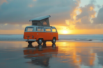 Wall Mural - van on the beach at sunset, AI generated