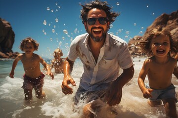 Wall Mural - Father and children running and splashing water at sea summer vacation