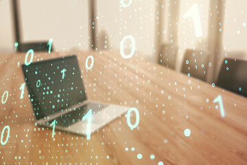 Aufkleber - Creative abstract binary code sketch on modern laptop background, hacking and matrix concept. Multiexposure