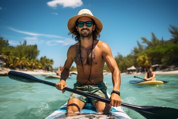 Wall Mural - Man having fun paddling on sup board while on beach summer vacation