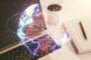  - Double exposure of abstract digital world map with connections on computer background, big data and blockchain concept