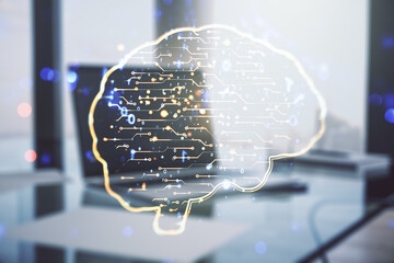 Poster - Double exposure of creative artificial Intelligence symbol with modern laptop on background. Neural networks and machine learning concept