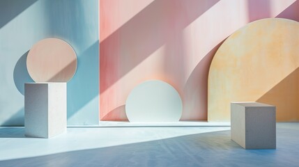 Poster - Series of geometric shapes in minimalist design, each with its own soft shadow, set against soothing pastel hues.