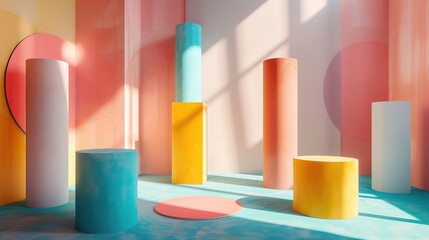 Poster - Minimalist composition of geometric shapes against pastel background, each casting a soft shadow.