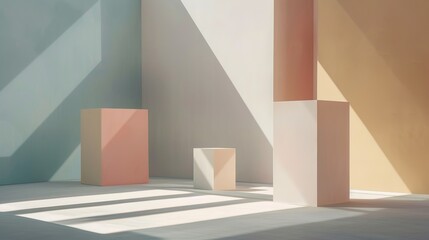 Poster - Geometric shapes in minimalist setting, casting gentle shadows on a delicately colored pastel backdrop.
