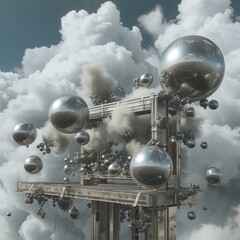 a surreal picture of a metal structure with balls in some clouds