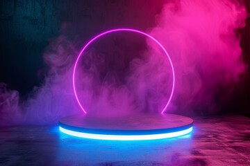 modern round empty platform podium stand for product presentation scene with glowing neon lighting. 