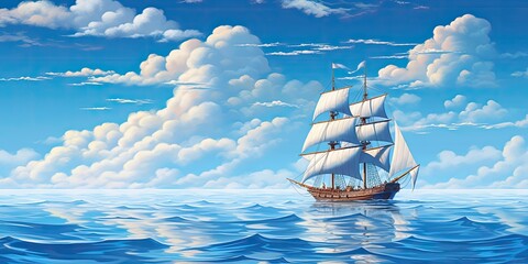 Boat in the sea on a background of blue sky with clouds