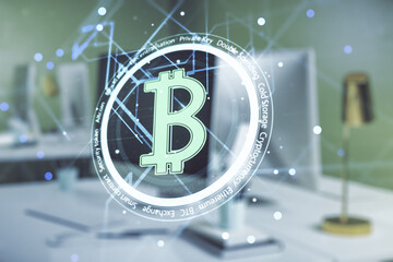 Poster - Creative Bitcoin concept with modern laptop background. Multiexposure