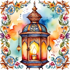 Lanter in a traditional oriental style. Watercolor illustration by Generation AI.