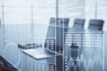 Poster - Abstract creative analytics data spreadsheet on modern computer background, analytics and analysis concept. Multiexposure