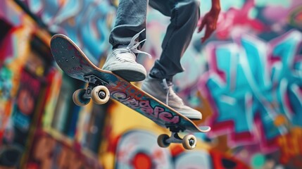 An action shot of skateboarder mid-air against graffiti-covered backdrop, capturing motion blur and vibrant street art.