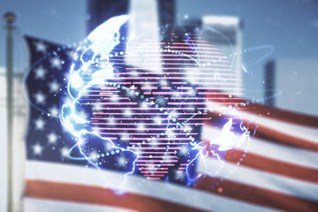 Poster - Double exposure of abstract digital world map hologram with connections on US flag and city background, big data and blockchain concept