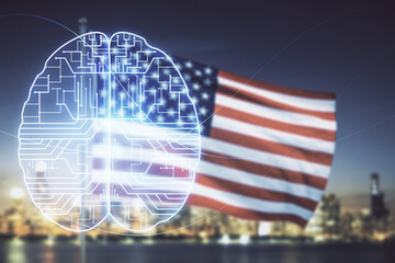 Poster - Double exposure of creative human brain microcircuit hologram on US flag and city background. Future technology and AI concept