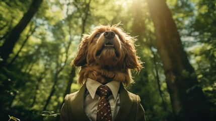 Canvas Print - A dog wearing a suit and tie in the woods, AI