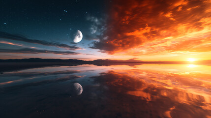 day meets night, surreal landscape with moon and sunset reflection