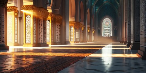 Poster - A grand room featuring numerous columns and a beautiful stained glass window. Perfect for architectural or historical projects