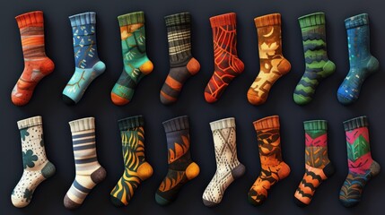 Aufkleber - A vibrant display of assorted socks hanging on a wall. Perfect for fashion, retail, or laundry-related designs
