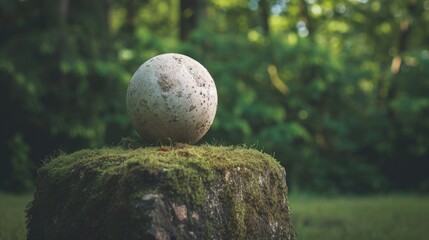 Poster - A white egg sits on top of a tree stump, ready to hatch. This image can be used to depict new beginnings or the concept of birth