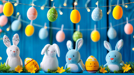  Easter toys decorations and  garland with funny bunnies and Easter eggs.