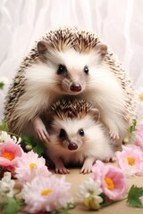 Poster - Two hedgehogs are pictured sitting side by side. This image can be used to depict friendship, togetherness, or the beauty of nature