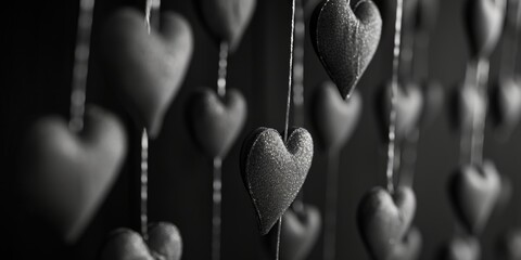 Poster - Black and white photo of hearts hanging from strings. Can be used for Valentine's Day or love-themed designs