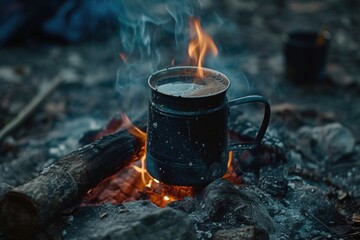 Poster - A cup of coffee sitting on top of a fire. Perfect for illustrating concepts of warmth, comfort, and relaxation.