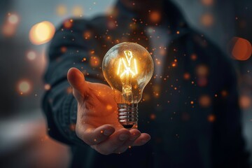 a person's hand holds a glowing light bulb, illuminating the darkness with a bright idea