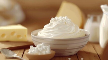 Wall Mural - A bowl of whipped cream placed next to some cheese. Perfect for food and dessert concepts