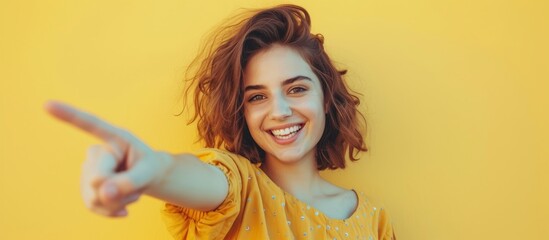 Wall Mural - Smiling Young Woman Pointing: A Radiant Smiling Young Woman Pointing with Confidence and Joy