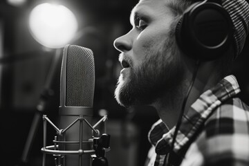 Poster - A man with headphones is singing into a microphone. This image can be used for music-related projects and promotions