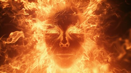 Poster - A close-up view of a person's face engulfed in flames. This intense image captures the fiery intensity and raw emotion. Perfect for illustrating concepts of danger, passion, or destruction.