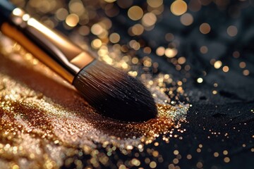 Poster - A close-up view of a makeup brush placed on a surface covered in shimmering glitter. This image can be used for various beauty and cosmetic-related projects