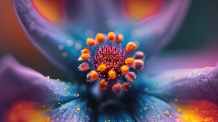 Poster - A detailed view of a purple flower with vibrant yellow stamens. Perfect for botanical illustrations or nature-themed designs