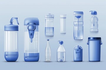 Poster - A diverse collection of water bottles, showcasing different types and designs. Perfect for illustrating hydration, eco-friendly lifestyle, fitness, and health concepts