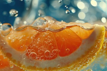 Poster - Slice of orange floating in water. Can be used for refreshing drink concepts